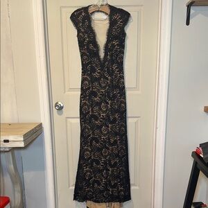 Navy Blue Evening Gown Nude Lining with Lace Overtop Beaded Plunging Neckline